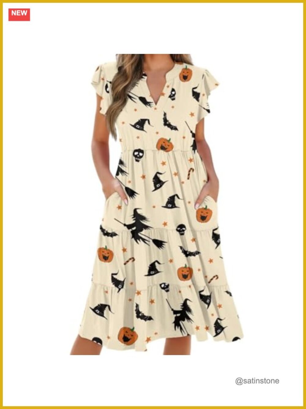 Women's Flowy Tiered Midi Dress V-Neck Short Sleeve A-Line Sundress with Pockets